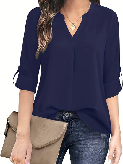 Solid Simple Blouse, Casual V Neck Long Sleeve Blouse, Women's Clothing
