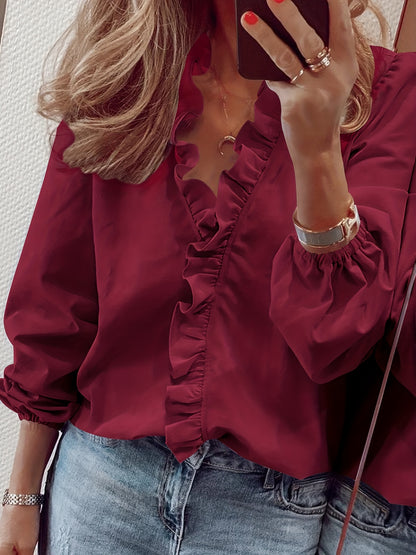 Ruffled Trim V Neck Shirt, Elegant Loose Long Sleeve Shirt, Women's Clothing