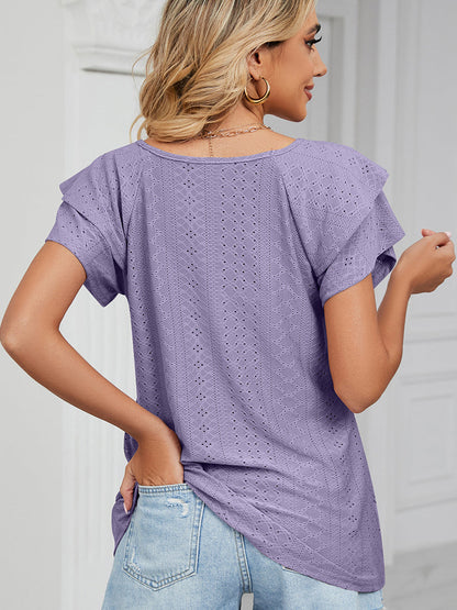 Women’s T-Shirts Solid Color V-Neck Loose Short Sleeve Double Sleeve T-Shirt - LuckyFash™