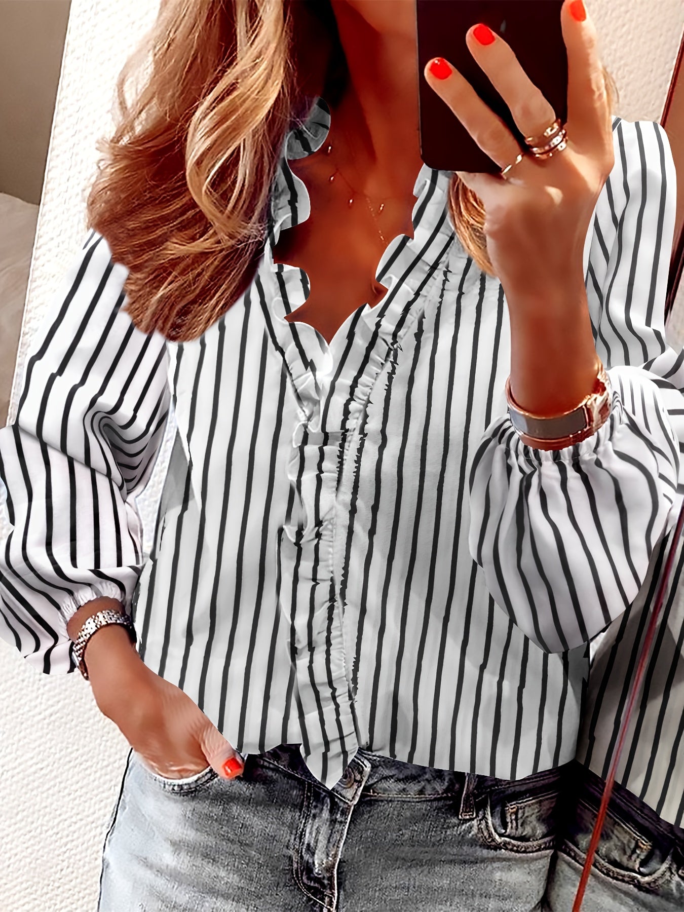Ruffled Trim V Neck Shirt, Elegant Loose Long Sleeve Shirt, Women's Clothing