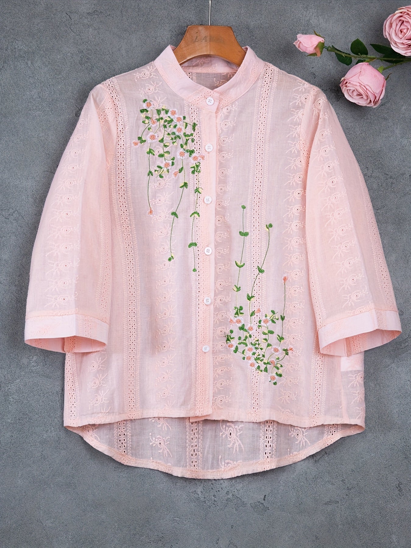 Eyelet Floral Embroidered Blouse, Elegant Button Front Blouse For Spring & Summer, Women's Clothing