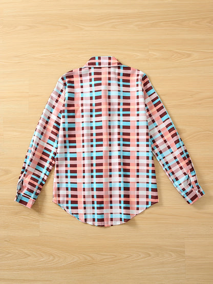 Colorful Plaid Print Shirt, Casual Long Sleeve Button Front Shirt With A Collar, Women's Clothing