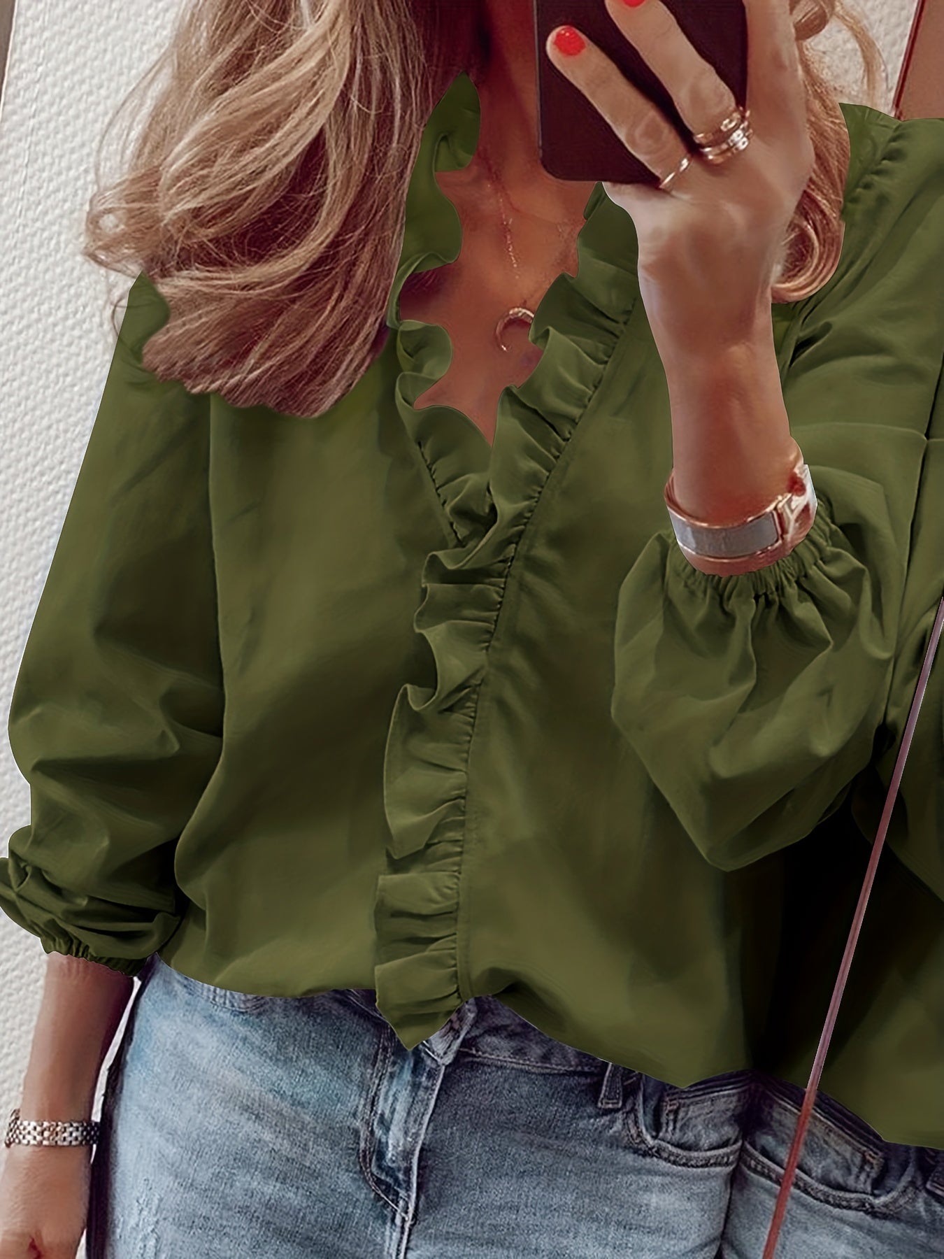 Ruffled Trim V Neck Shirt, Elegant Loose Long Sleeve Shirt, Women's Clothing