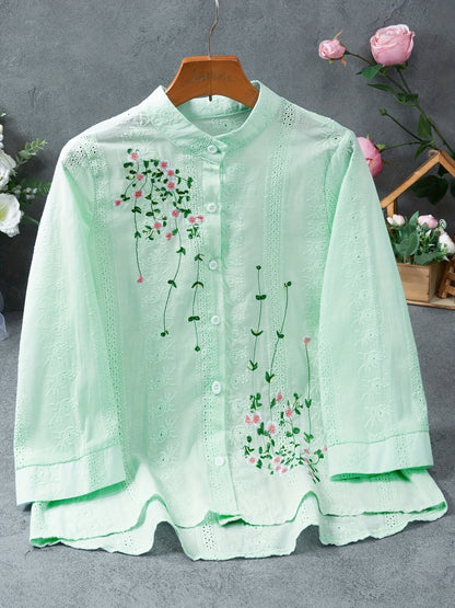 Eyelet Floral Embroidered Blouse, Elegant Button Front Blouse For Spring & Summer, Women's Clothing