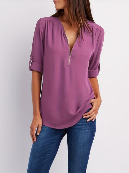 Solid V Neck Blouse, Casual Ruched Rollable Sleeve Half Zip Blouse, Women's Clothing