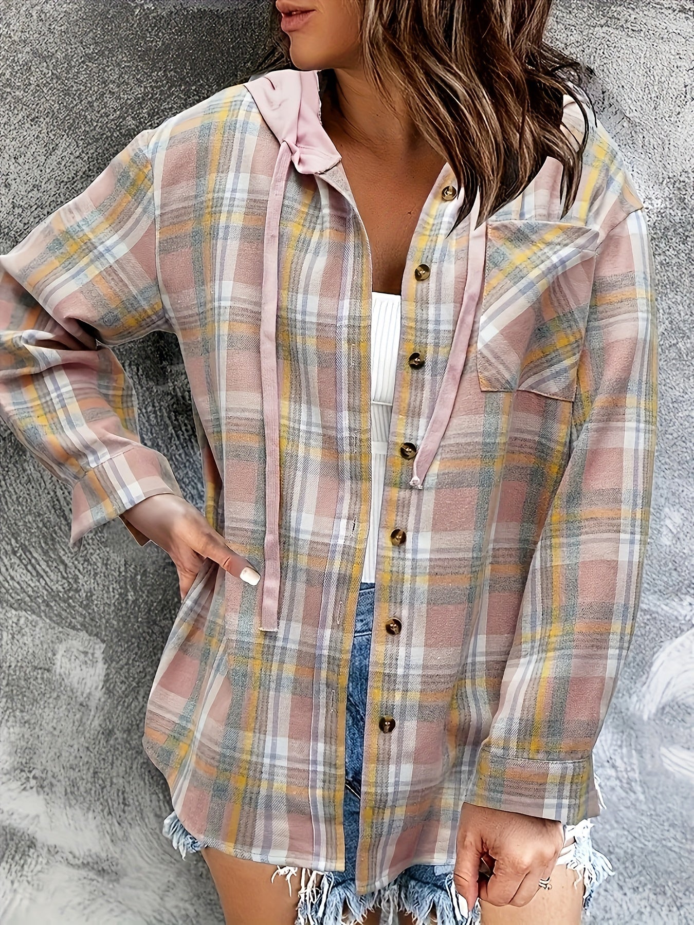 Hooded Plaid Print Blouse, Casual Button Front Drawstring Long Sleeve Blouse, Women's Clothing