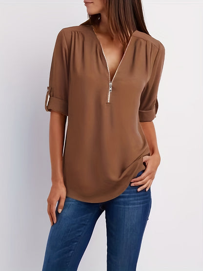 Solid V Neck Blouse, Casual Ruched Rollable Sleeve Half Zip Blouse, Women's Clothing