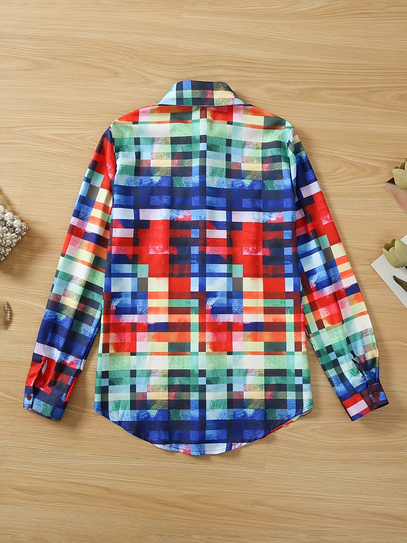 Colorful Plaid Print Shirt, Casual Long Sleeve Button Front Shirt With A Collar, Women's Clothing