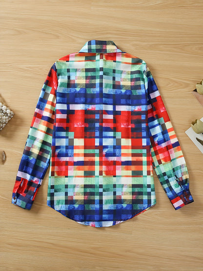 Colorful Plaid Print Shirt, Casual Long Sleeve Button Front Shirt With A Collar, Women's Clothing
