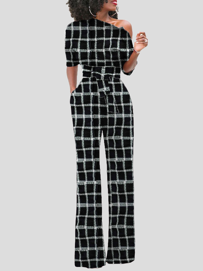 Women's Jumpsuits Check Print One Shoulder Belted Jumpsuit - LuckyFash™
