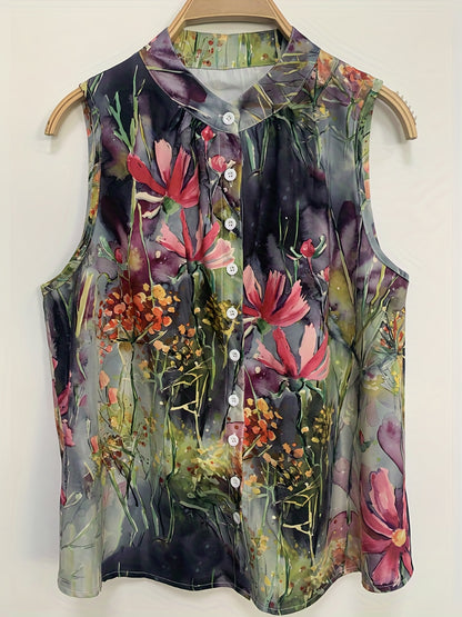 Floral Print Sleeveless Blouse, Casual Crew Neck Button Front Blouse, Women's Clothing