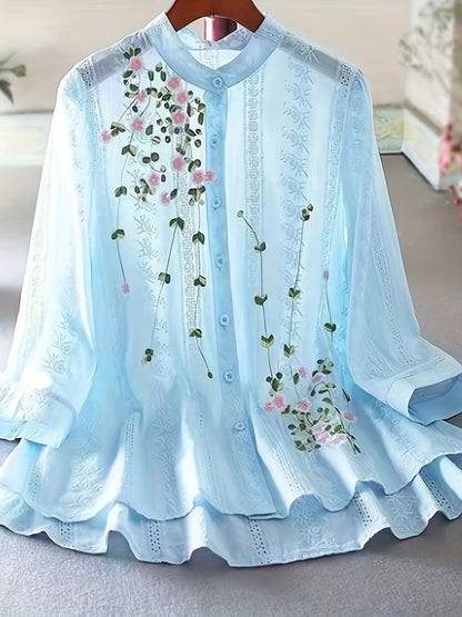 Eyelet Floral Embroidered Blouse, Elegant Button Front Blouse For Spring & Summer, Women's Clothing