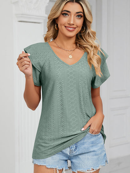 Women’s T-Shirts Solid Color V-Neck Loose Short Sleeve Double Sleeve T-Shirt - LuckyFash™
