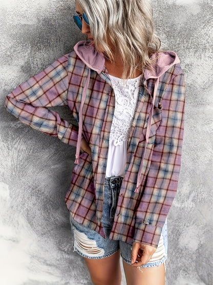 Plaid Print Hooded Shirt, Casual Long Sleeve Drawstring Shirt, Women's Clothing