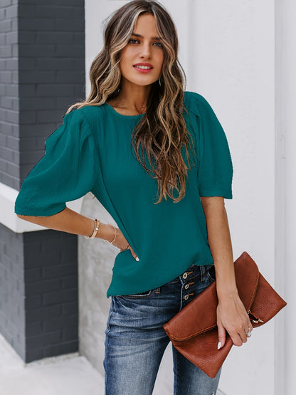 Solid Short Sleeve Blouse, Crew Neck Casual Every Day Top For Summer & Spring, Women's Clothing