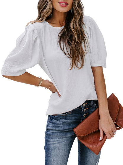 Solid Short Sleeve Blouse, Crew Neck Casual Every Day Top For Summer & Spring, Women's Clothing