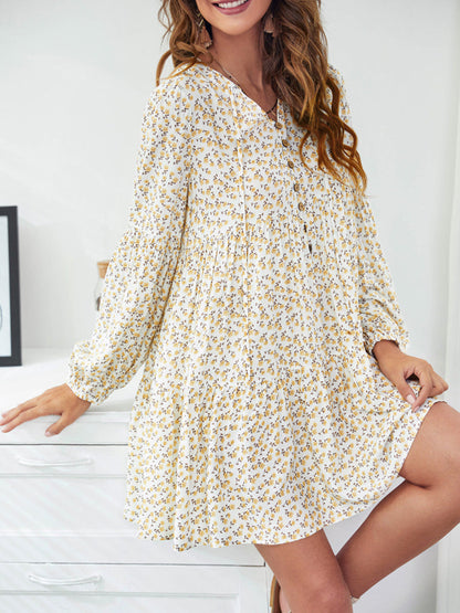 Dresses V-Neck Floral Printed Long Sleeve Button Casual Loose Mini Dress - LuckyFash™