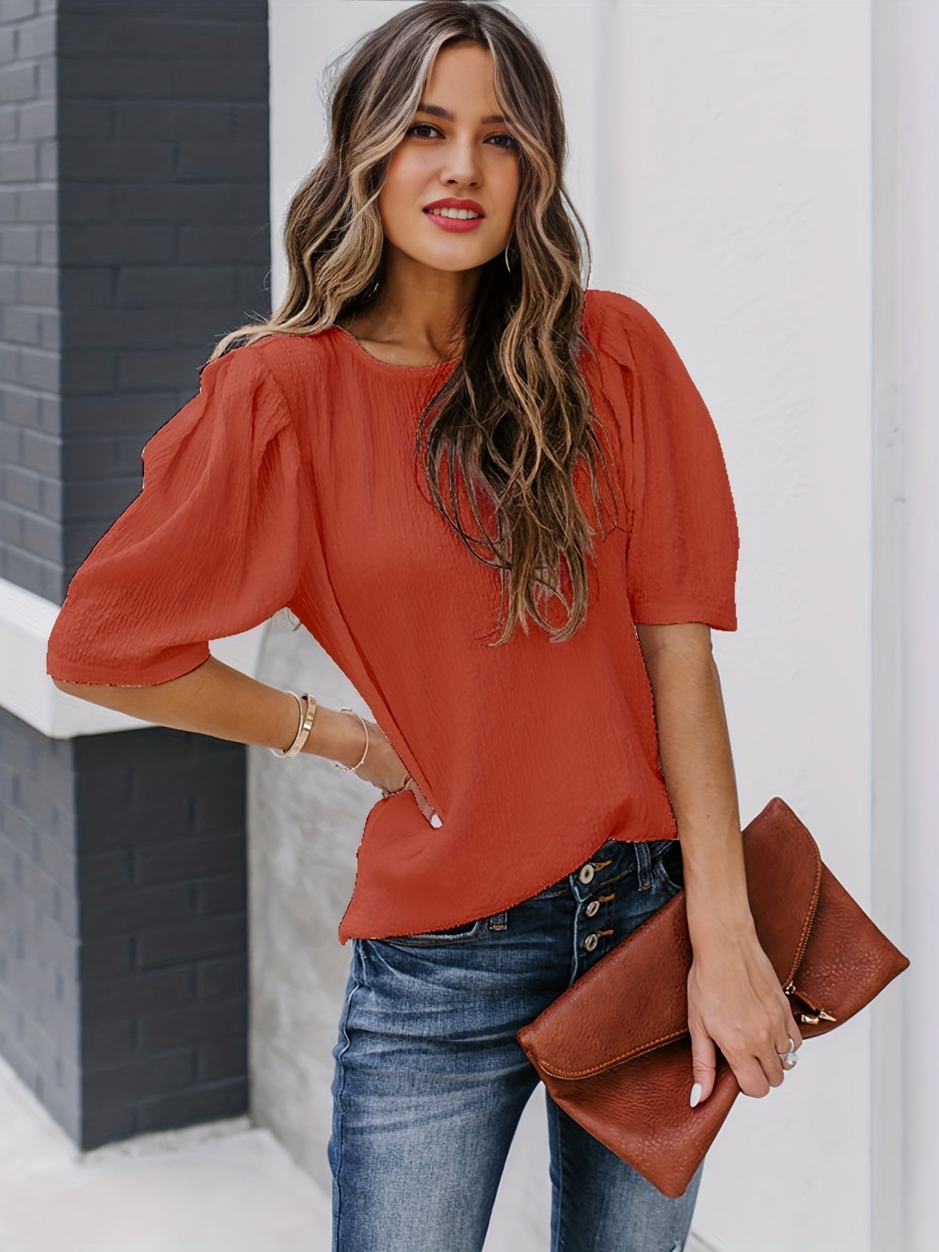 Solid Short Sleeve Blouse, Crew Neck Casual Every Day Top For Summer & Spring, Women's Clothing