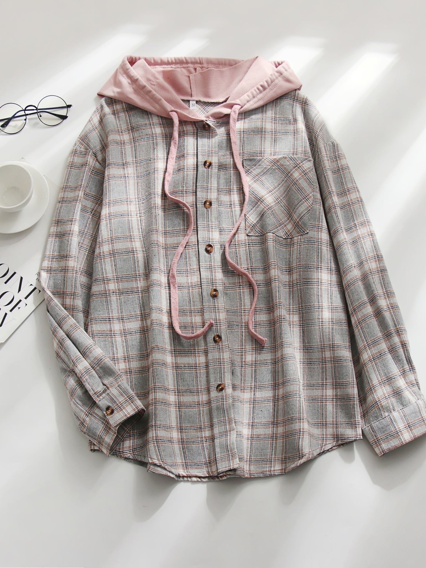 Hooded Plaid Print Blouse, Casual Button Front Drawstring Long Sleeve Blouse, Women's Clothing