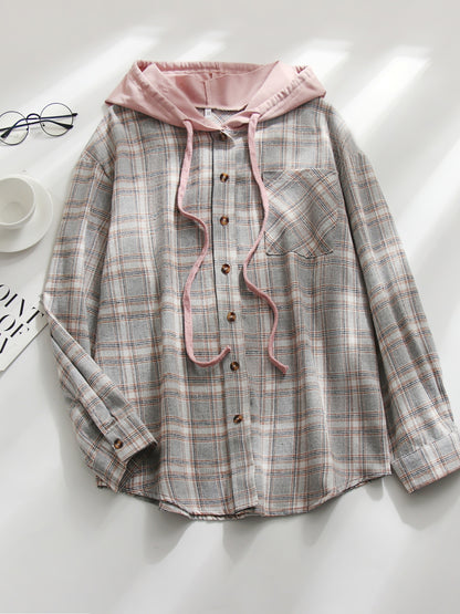 Hooded Plaid Print Blouse, Casual Button Front Drawstring Long Sleeve Blouse, Women's Clothing