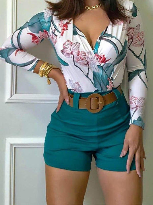 80's Vantage Floral Print Long Sleeve Shorts Set - LuckyFash™