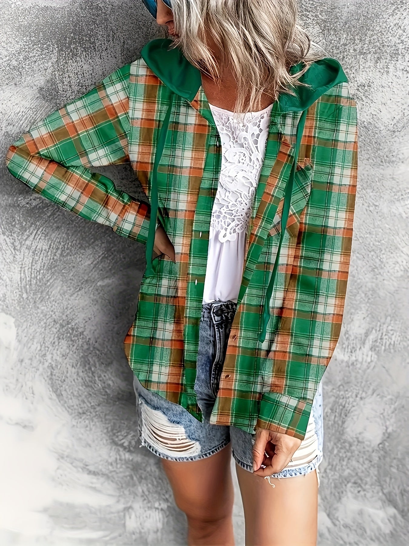 Hooded Plaid Print Blouse, Casual Button Front Drawstring Long Sleeve Blouse, Women's Clothing