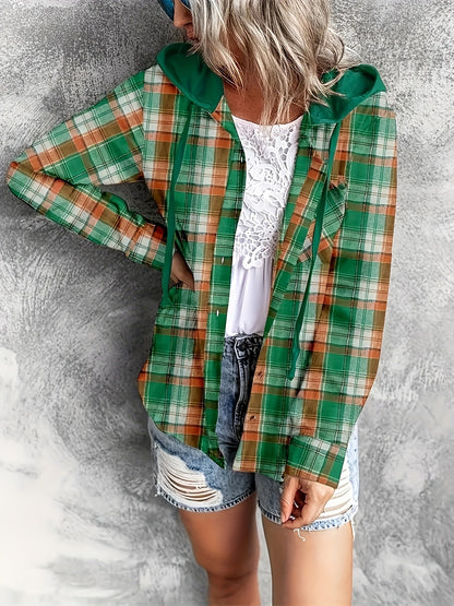 Hooded Plaid Print Blouse, Casual Button Front Drawstring Long Sleeve Blouse, Women's Clothing