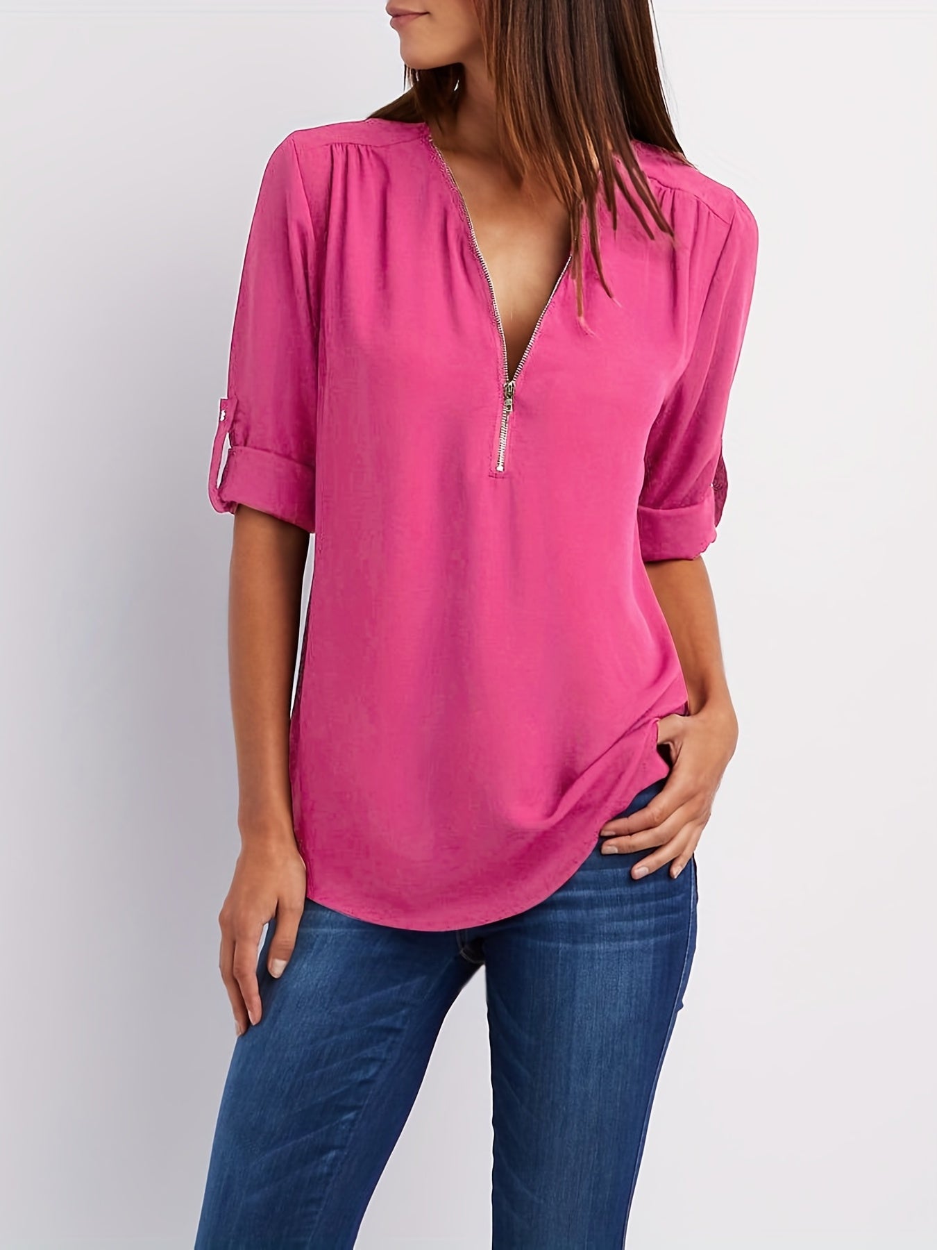 Solid V Neck Blouse, Casual Ruched Rollable Sleeve Half Zip Blouse, Women's Clothing