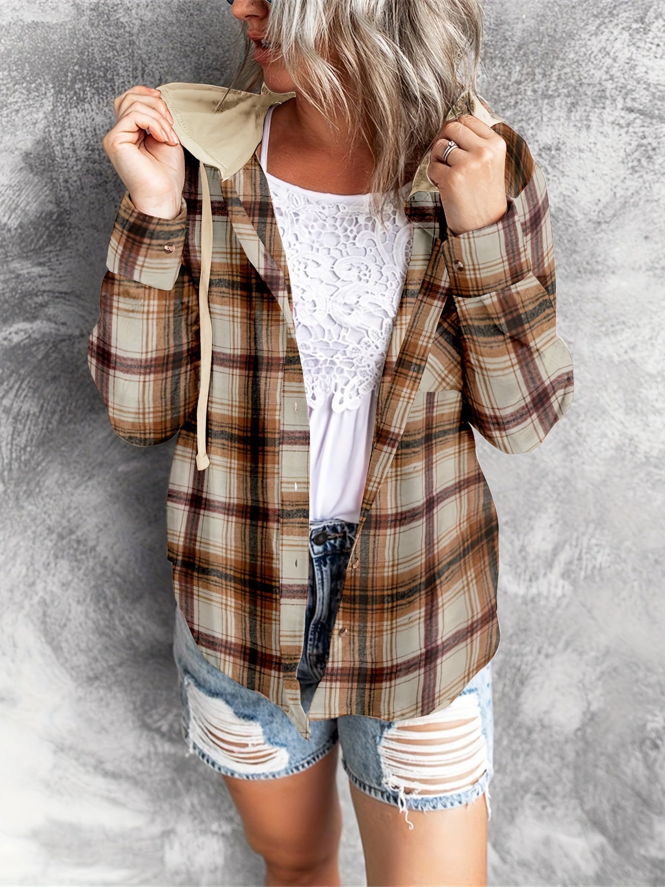 Plaid Print Hooded Shirt, Casual Long Sleeve Drawstring Shirt, Women's Clothing