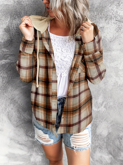 Plaid Print Hooded Shirt, Casual Long Sleeve Drawstring Shirt, Women's Clothing