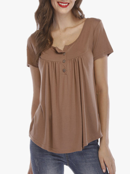 T-Shirts Trade Pleated Button Loose Short-Sleeved T-Shirt - LuckyFash™