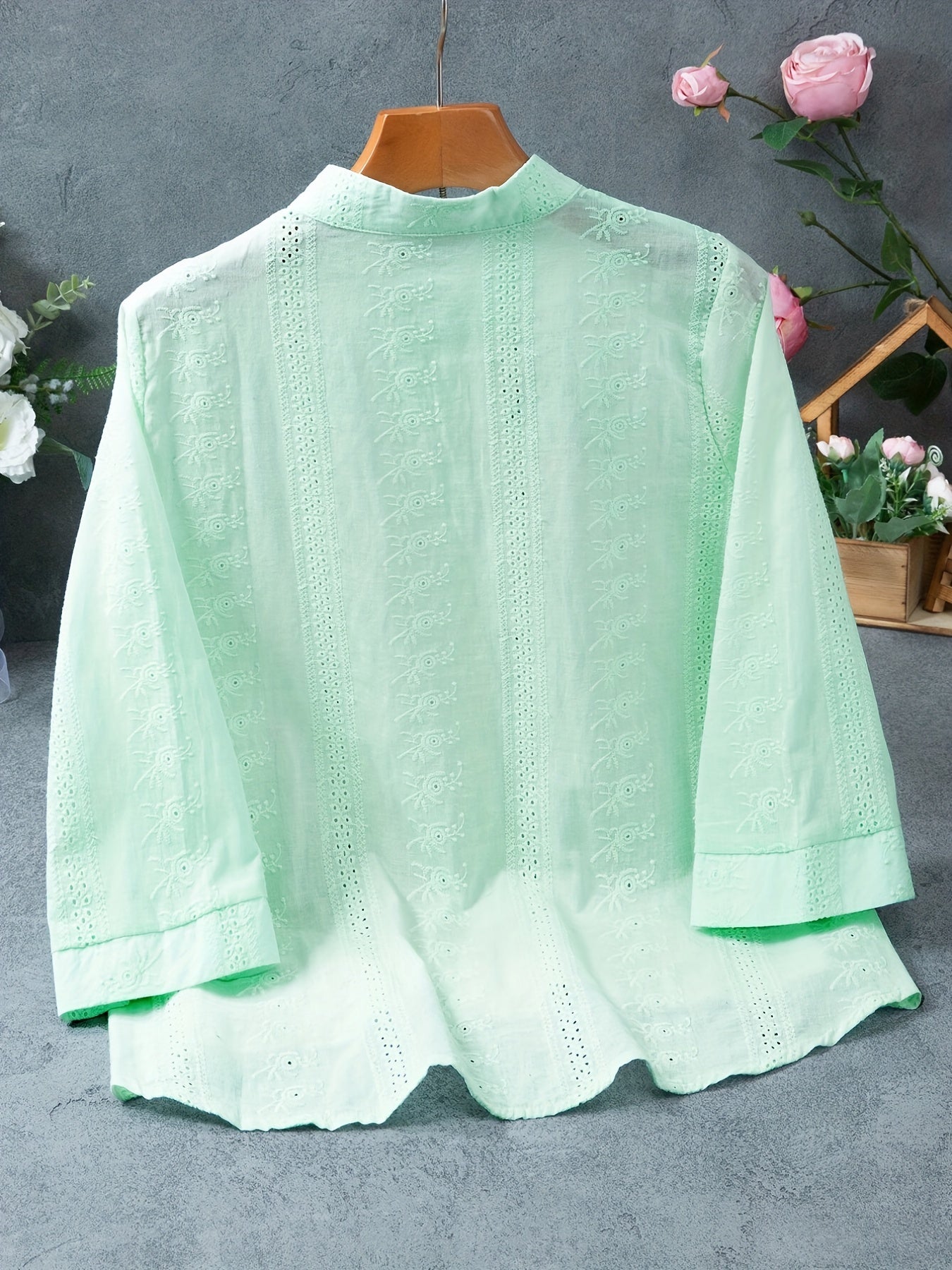 Eyelet Floral Embroidered Blouse, Elegant Button Front Blouse For Spring & Summer, Women's Clothing