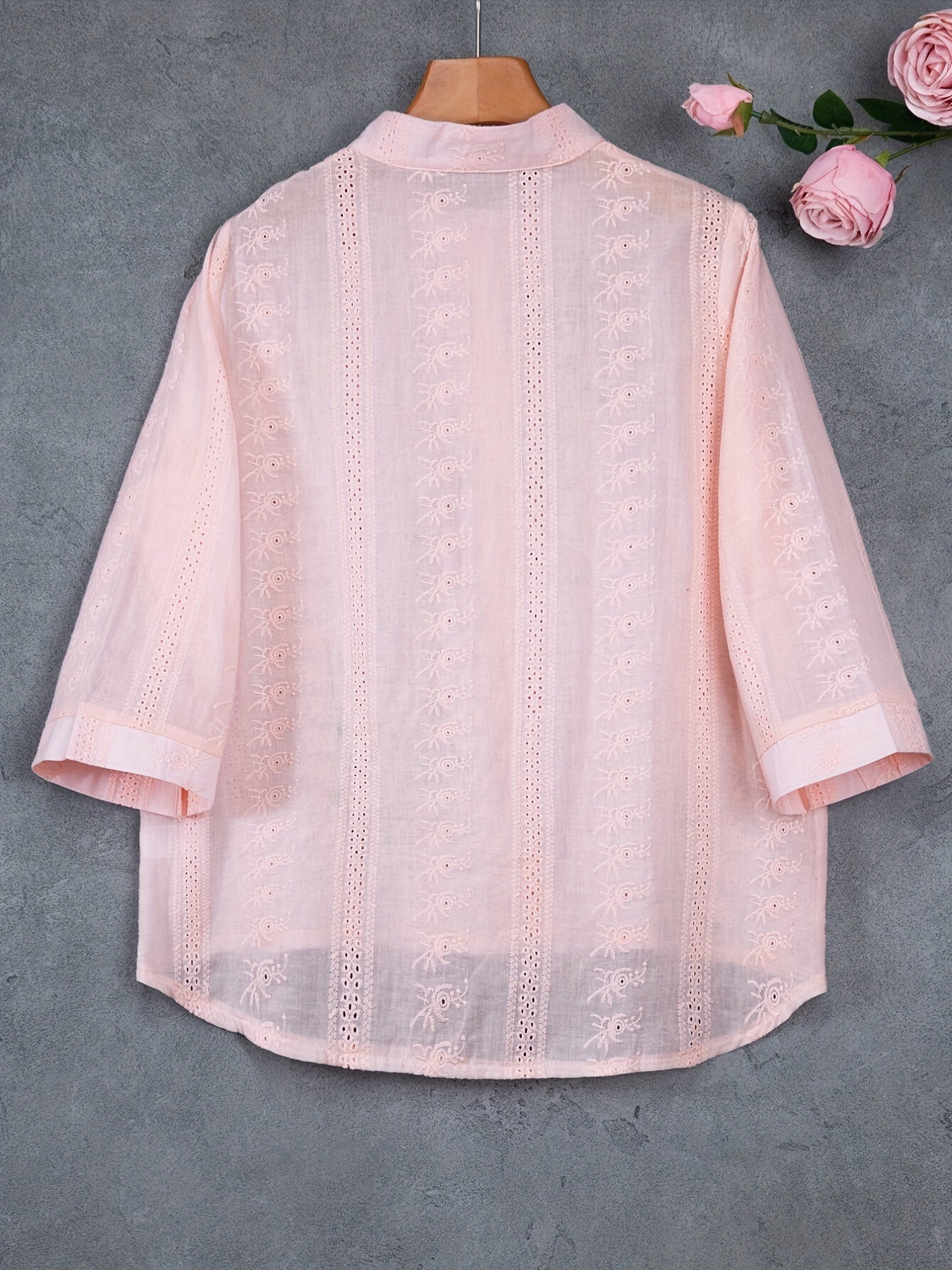 Eyelet Floral Embroidered Blouse, Elegant Button Front Blouse For Spring & Summer, Women's Clothing