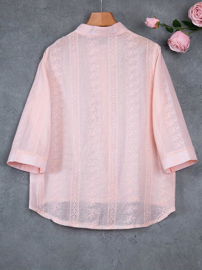 Eyelet Floral Embroidered Blouse, Elegant Button Front Blouse For Spring & Summer, Women's Clothing