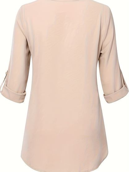 Solid Simple Blouse, Casual V Neck Long Sleeve Blouse, Women's Clothing