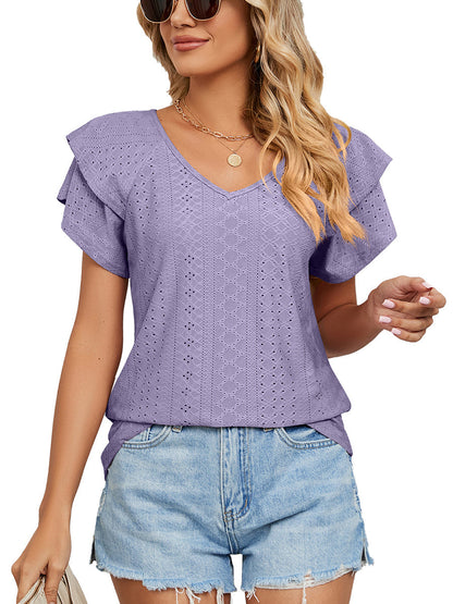 Women’s T-Shirts Solid Color V-Neck Loose Short Sleeve Double Sleeve T-Shirt - LuckyFash™