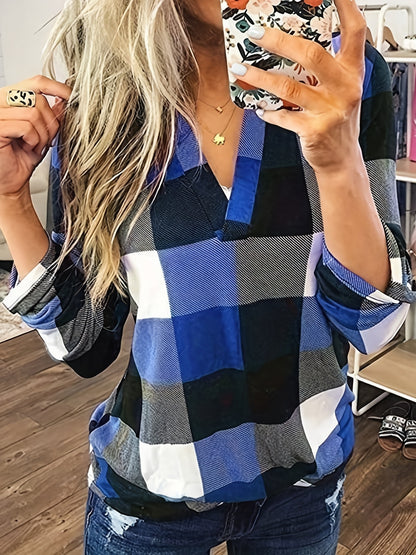 Casual Plaid Shirt, Long Sleeve V-neck Shirt,  Casual Every Day Tops, Women's Clothing