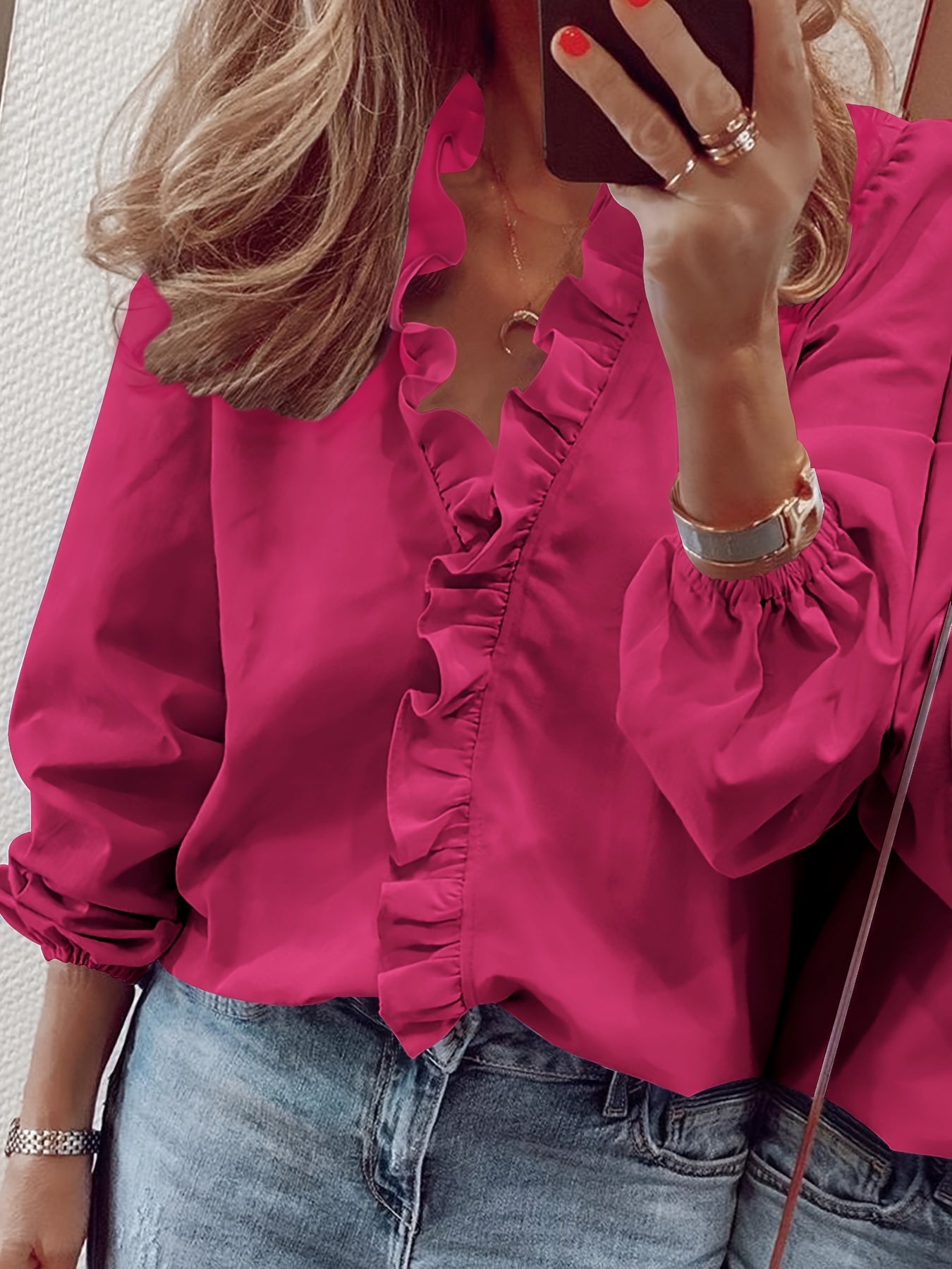 Ruffled Trim V Neck Shirt, Elegant Loose Long Sleeve Shirt, Women's Clothing