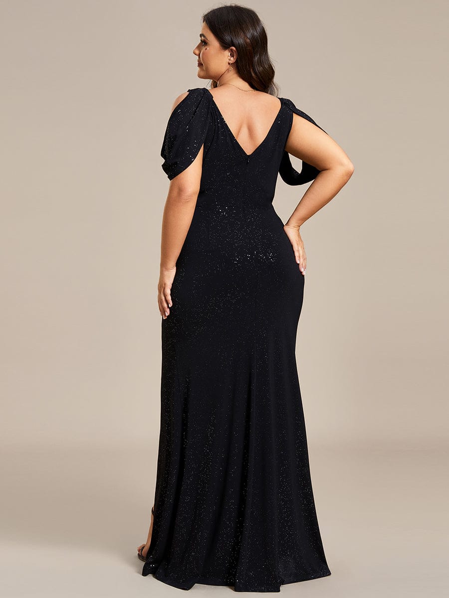 Glittering Plus Size Cold Shoulder Evening Gown with Shimmering Belt