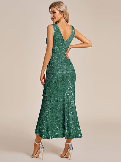 Sparkling Sequin V-Neck Sleeveless Evening Gown with Asymmetrical Hem