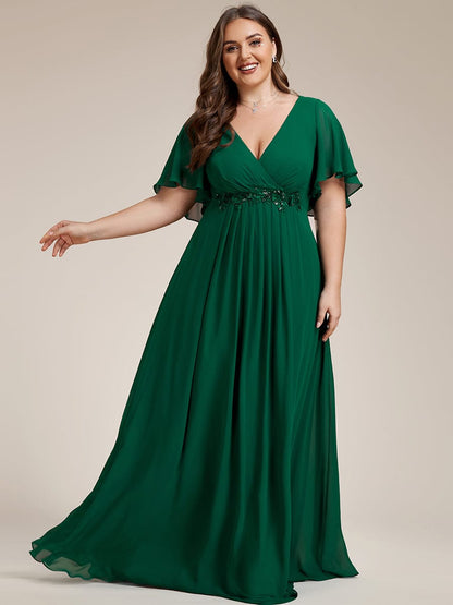 Graceful Plus Size Floral A-Line Chiffon Evening Dress with Short Sleeves