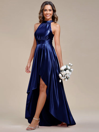 Satin High-Low Halter Bridesmaid Dress with Waist Collar