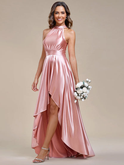 Satin High-Low Halter Bridesmaid Dress with Waist Collar