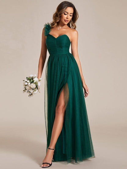 Floral Tulle Detailed One-Shoulder Bridesmaid Gown