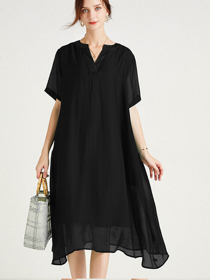 Women’s Dresses Large Size V-Neck Short Sleeve Silk Loose Midi Dress - LuckyFash™