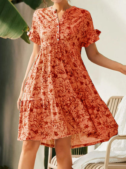 Dresses V Neck Button Print Loose Casual Mini Dress - LuckyFash™