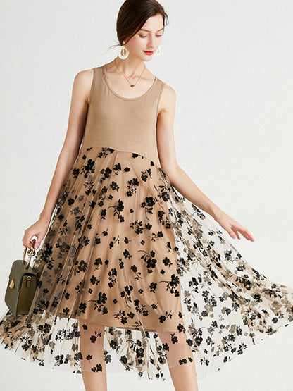 Dresses Medium And Long Sleeveless Round Neck Mesh Midi Dress - LuckyFash™