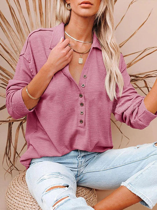 T-Shirts Solid Long-Sleeved V-Neck Button T-Shirt - LuckyFash™