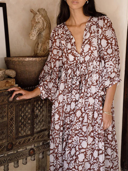 Dresses Fashion Plus Size Loose Casual Floral Mid Sleeve Midi Dress - LuckyFash™