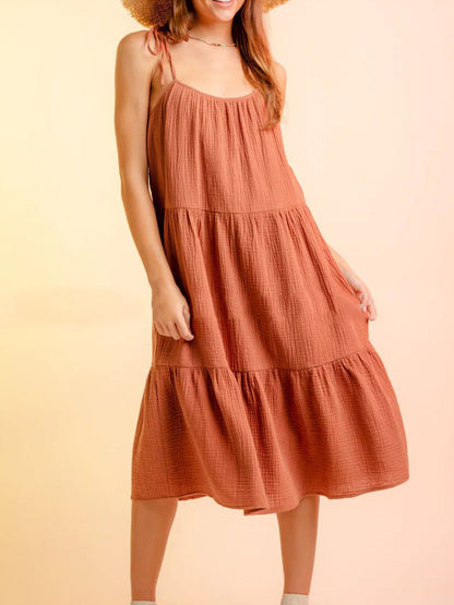 Women’s Dresses Candy Solid Color Stitching Sling Midi Dress - LuckyFash™